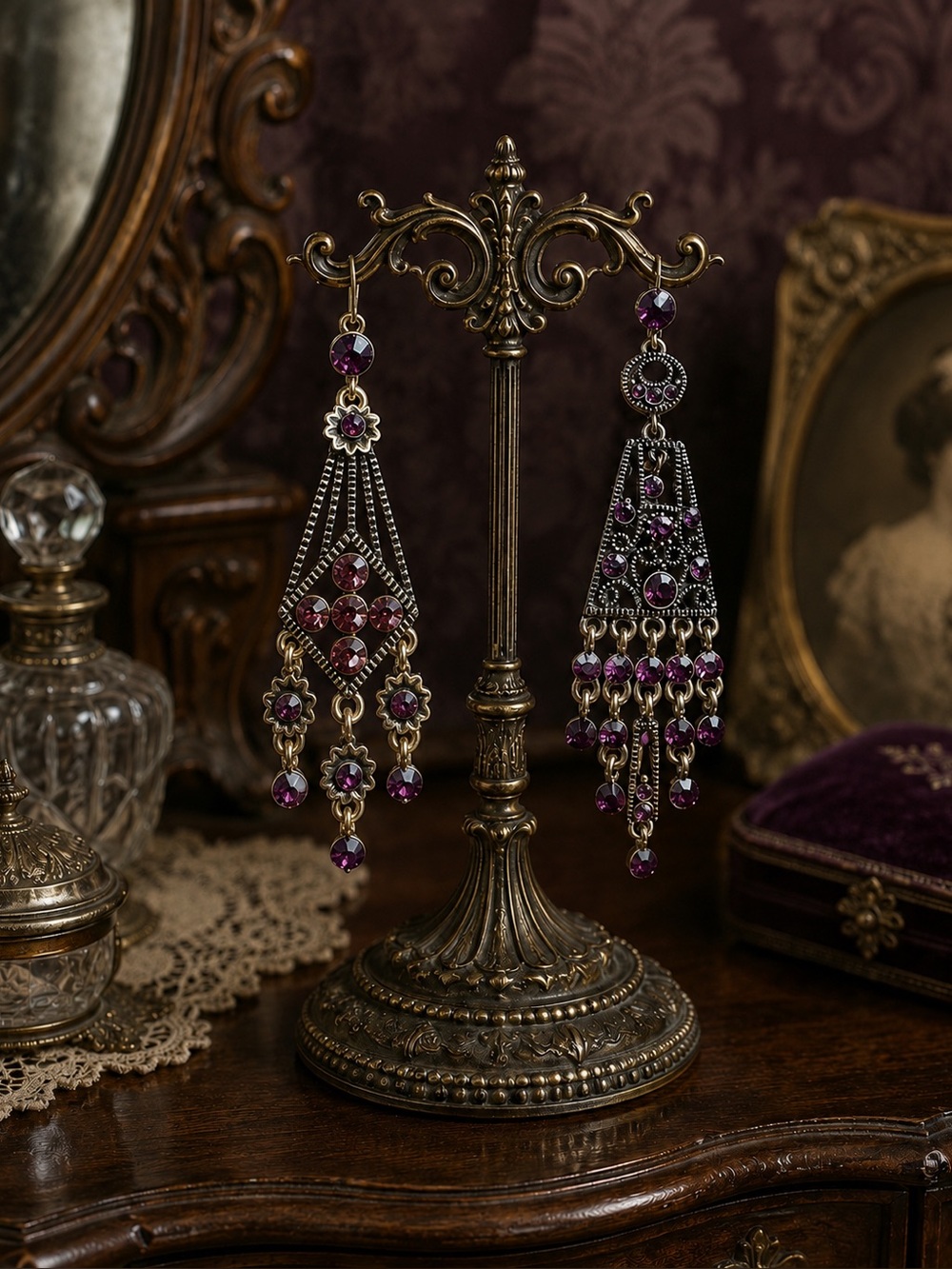 Vintage Victorian Style Czech  Garnet Crystal Earrings Mismatched style